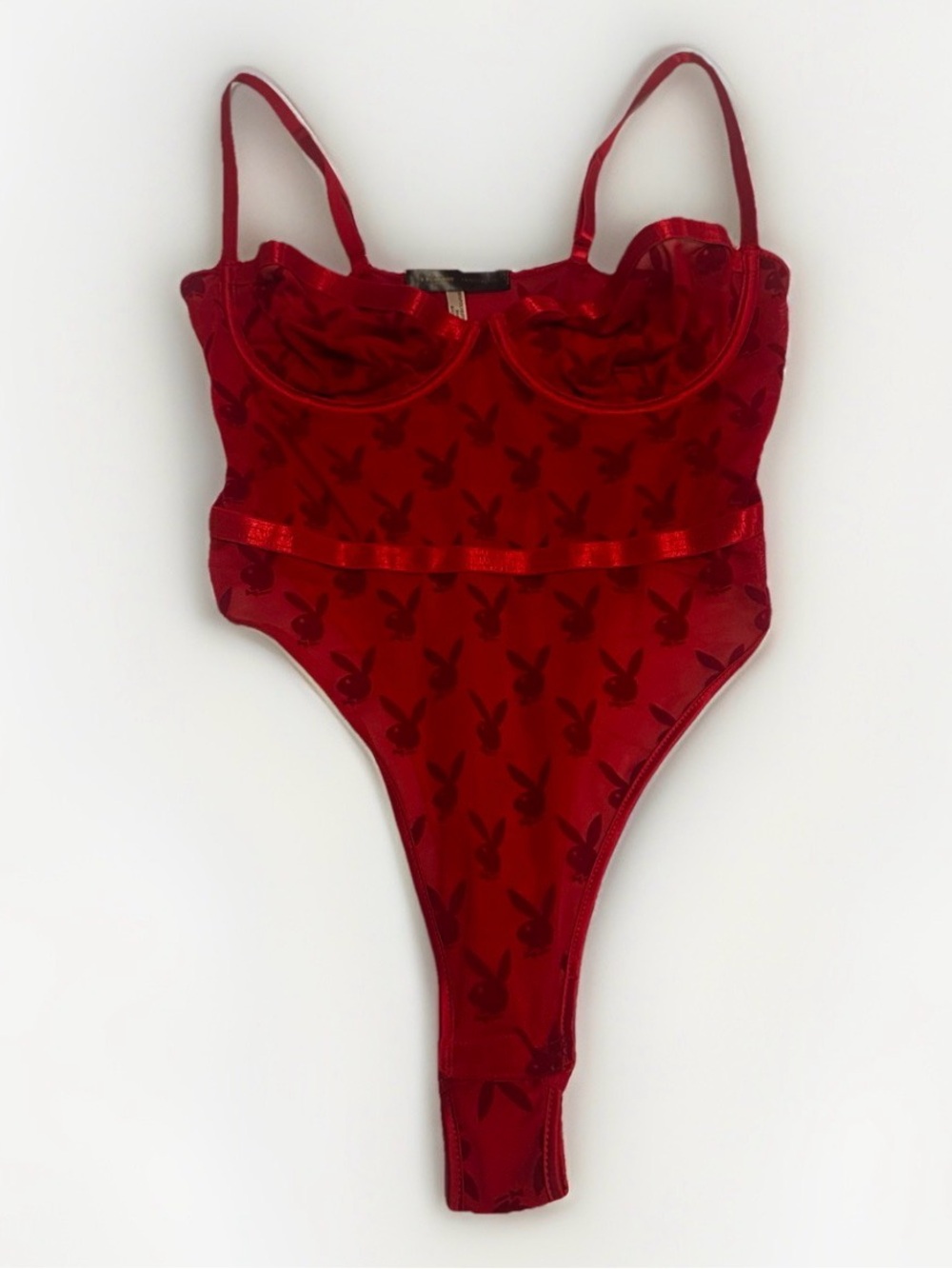 Vintage Playboy Bunny Sheer Red Teddy Bodysuit Bustier Logo Small Lingerie VTG